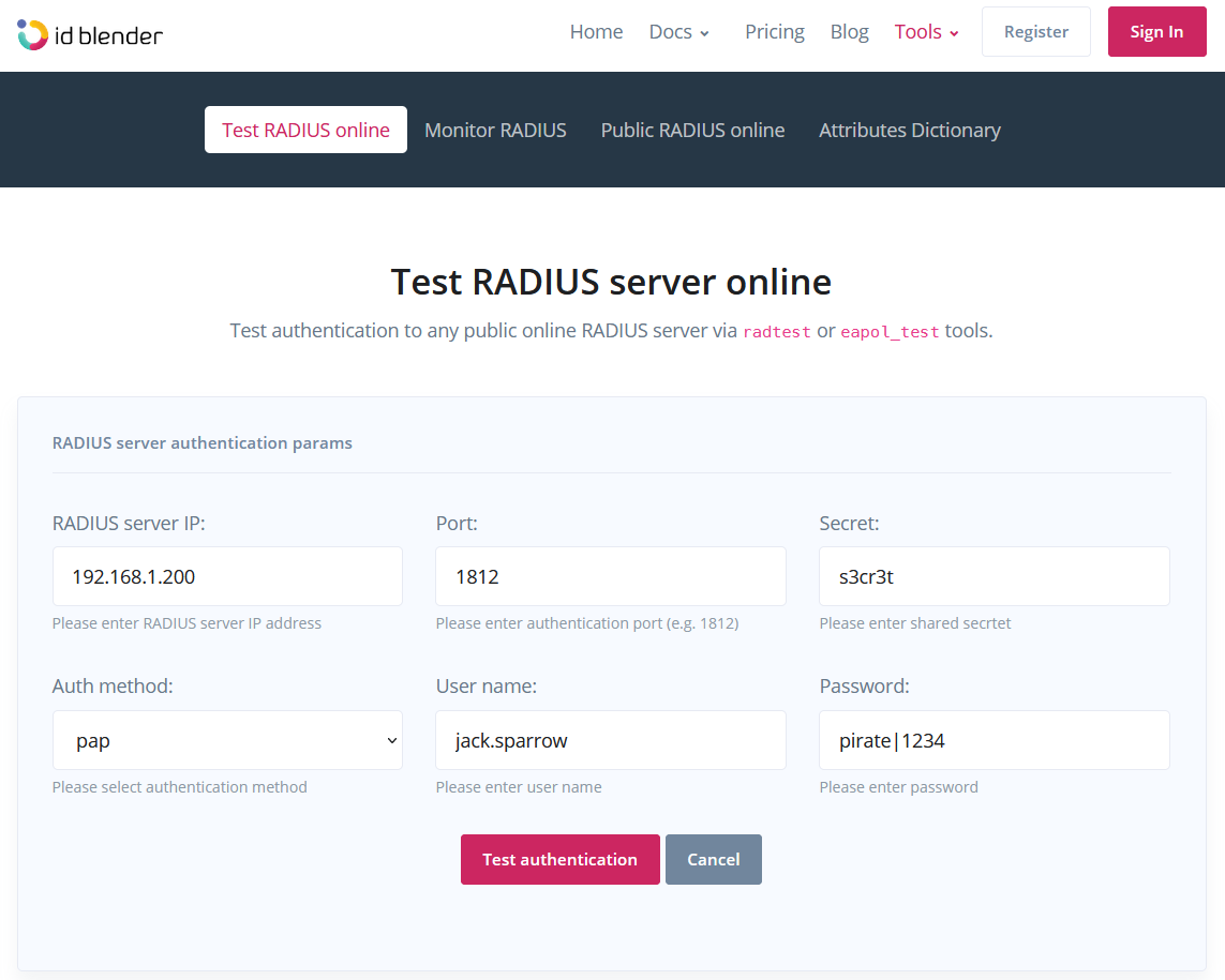 RADIUS test online application