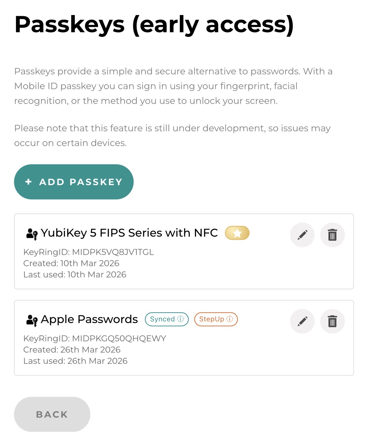 Passkey management in MyMobileID with a list of registered Passkeys