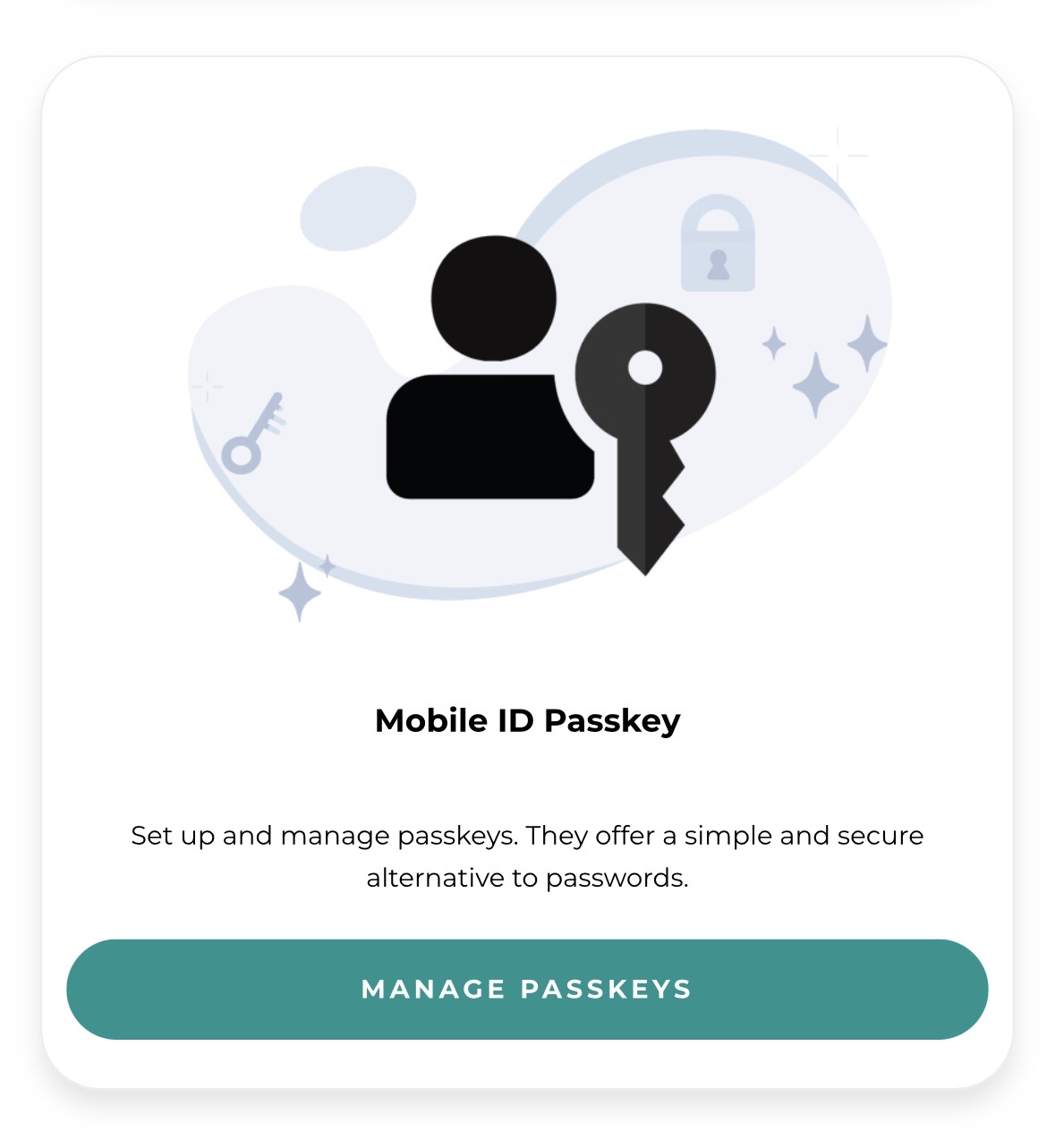 MyMobileID Dashboard: Mobile ID Passkey tile with MANAGE PASSKEYS button